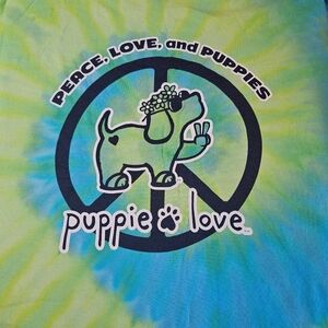Tie-Dye Puppy Love Tee with Peace & Puppies Graphic - Green/Blue